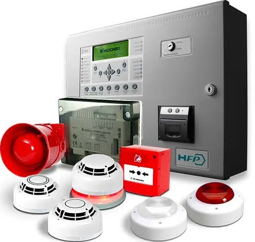 Centrale d'alarme incendie, détecteurs et déclencheur manuel