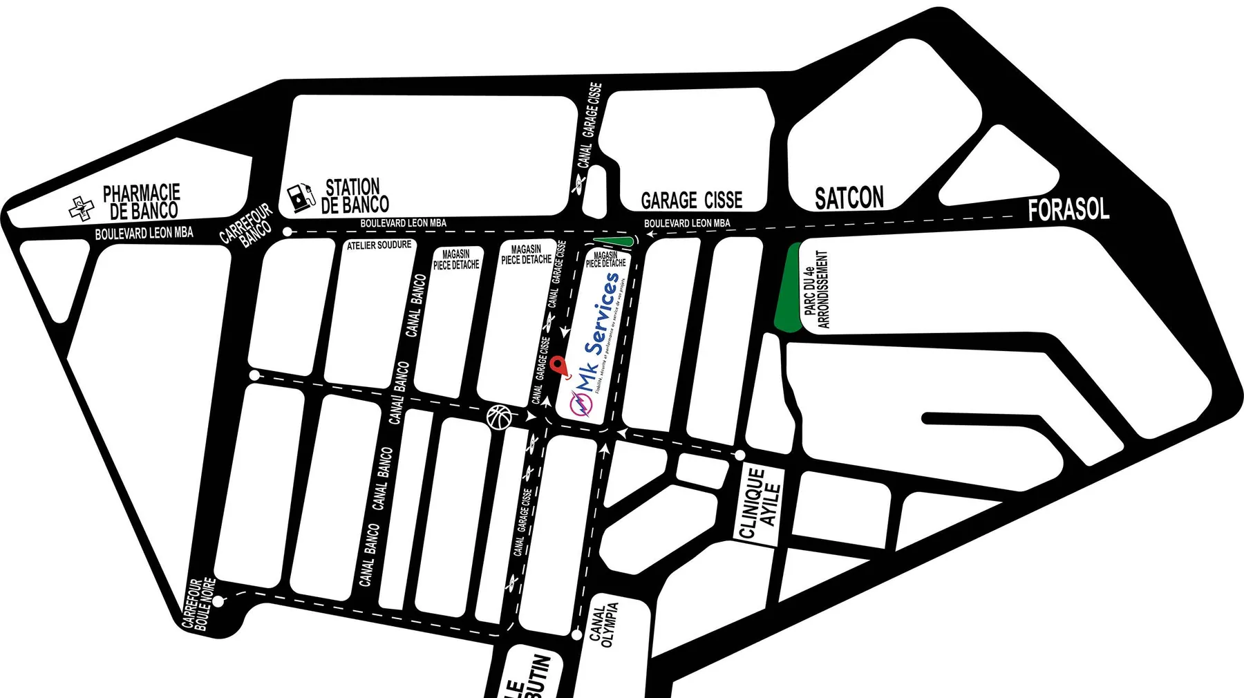 Plan d'accès au siège de MK Services, Garage Cissé, boulevard Léon Mba à Port-Gentil