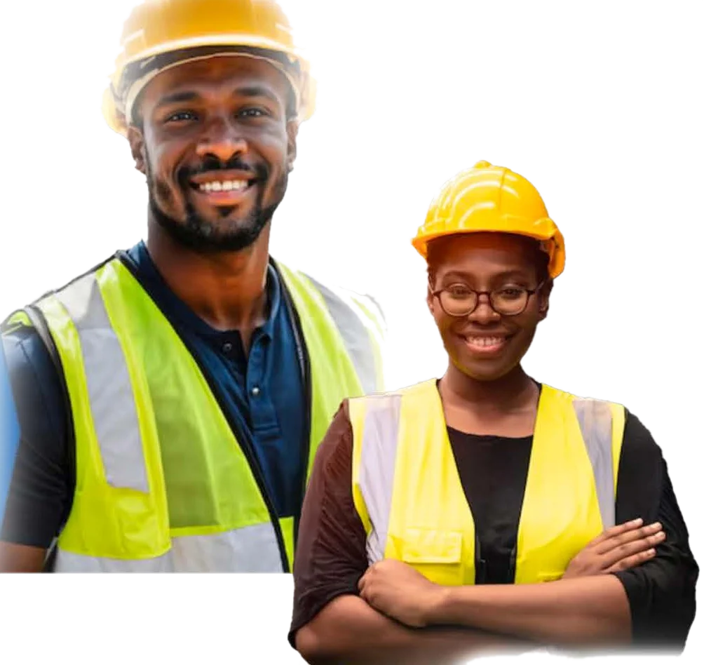 Techniciens en tenue de sécurité, casque et gilet haute visibilité