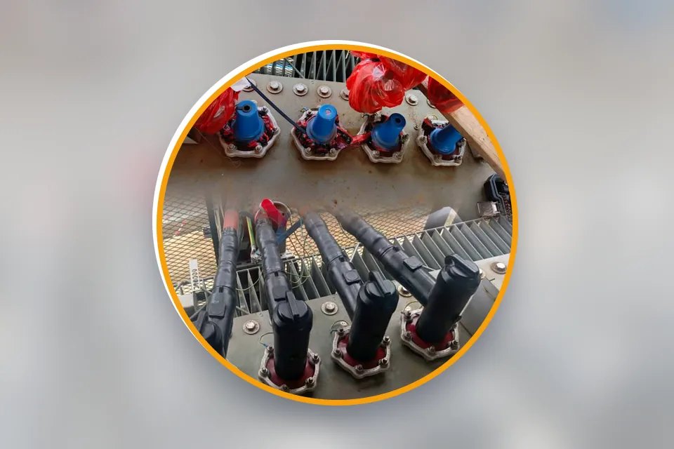 Connecteurs embrochables raccordés sur les traversées d'un transformateur HTA